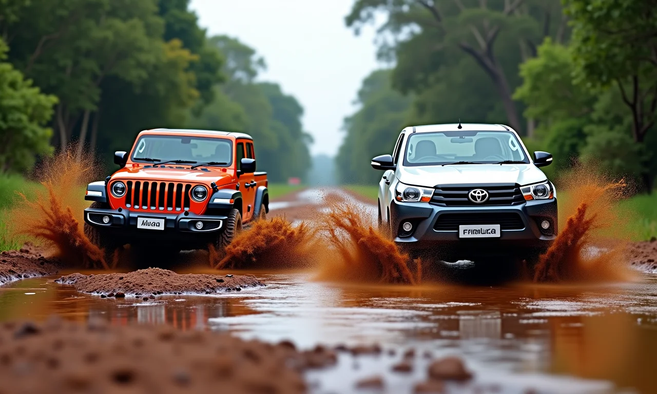 Veículos 4x4 diversos enfrentando terrenos variados em trilha off-road.