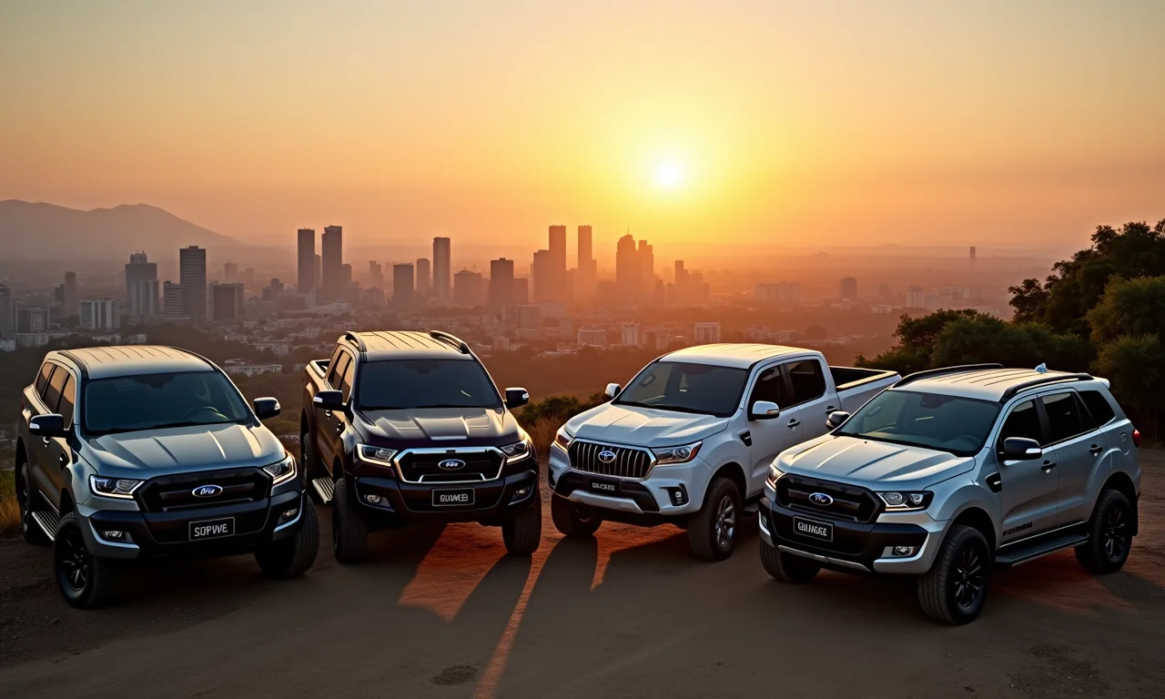 Veículos 4x4 estacionados com vista para o skyline de Curitiba ao pôr do sol.
