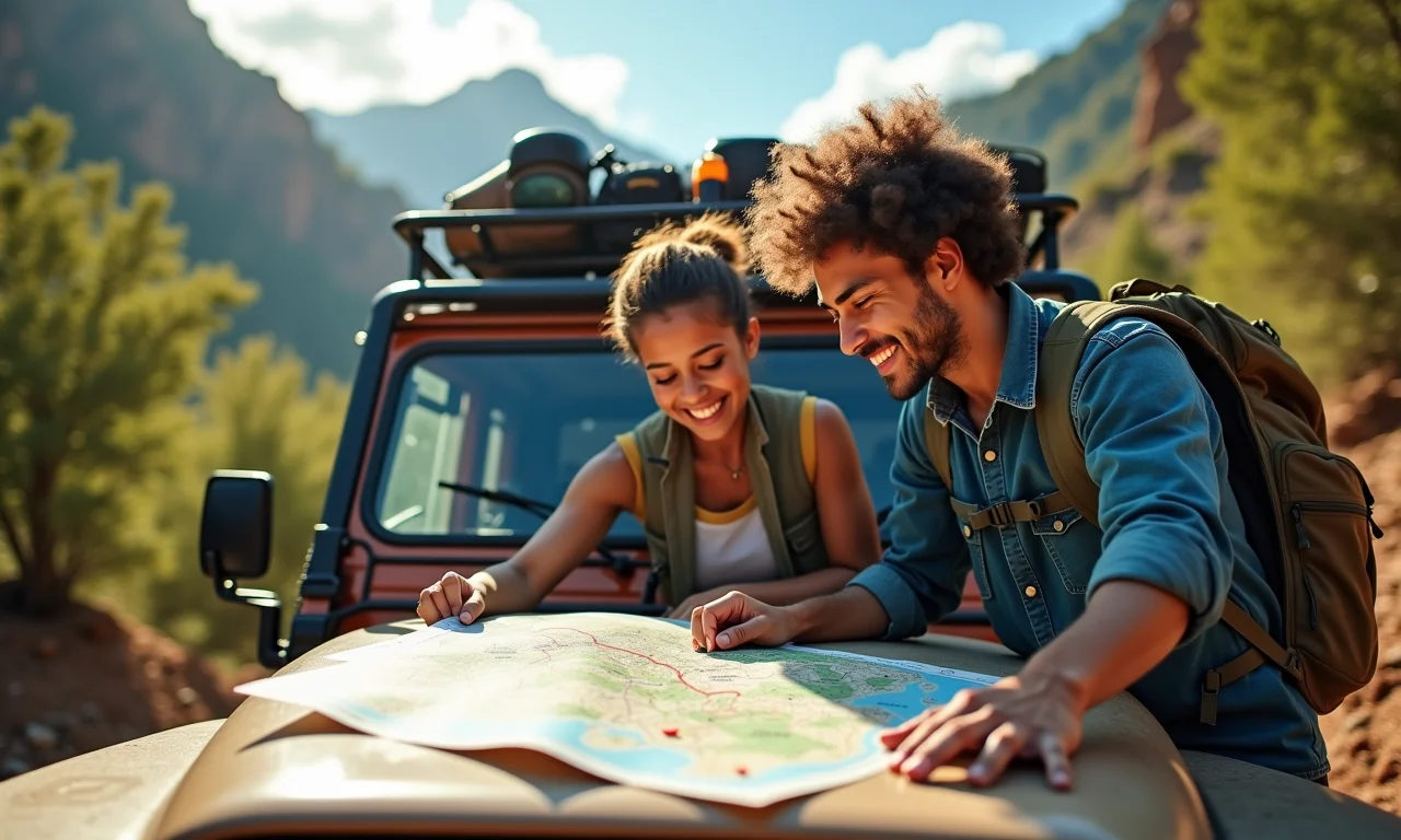 Viajantes planejando rota no Jalapão com mapa sobre o capô do 4x4.