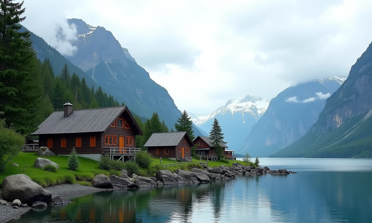 Vila de Puyuhuapi à beira de um fiorde com casas de madeira.