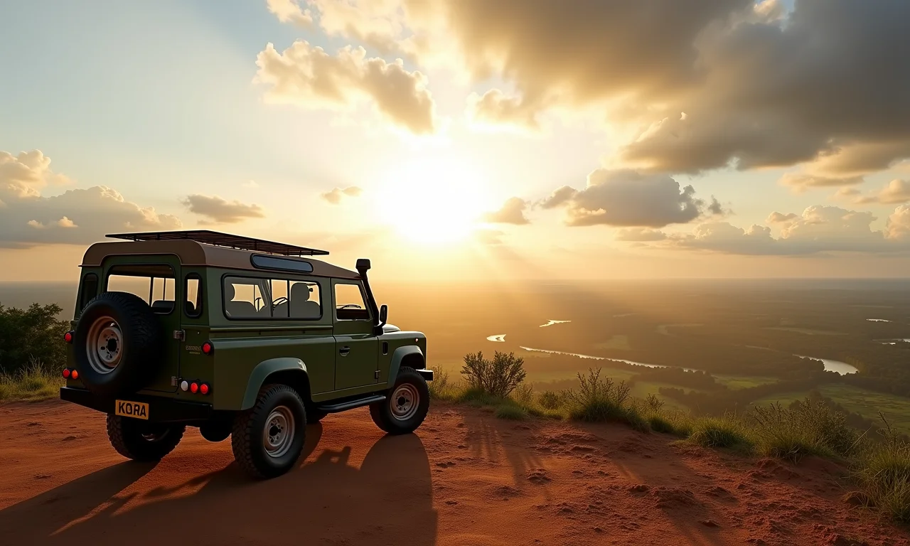 Visão panorâmica da Serra do Amolar com veículo 4x4 estacionado.