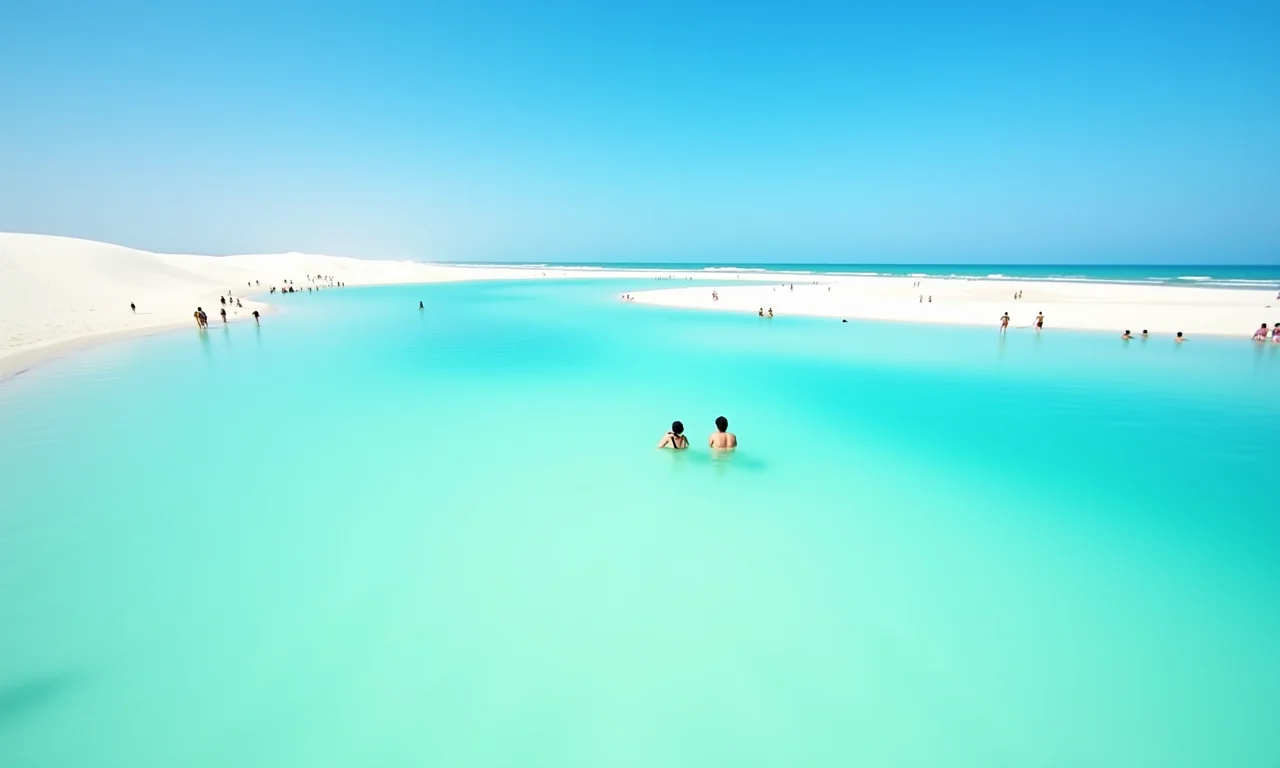 Vista aérea da Lagoa Azul nos Lençóis Maranhenses: águas turquesa e dunas brancas.