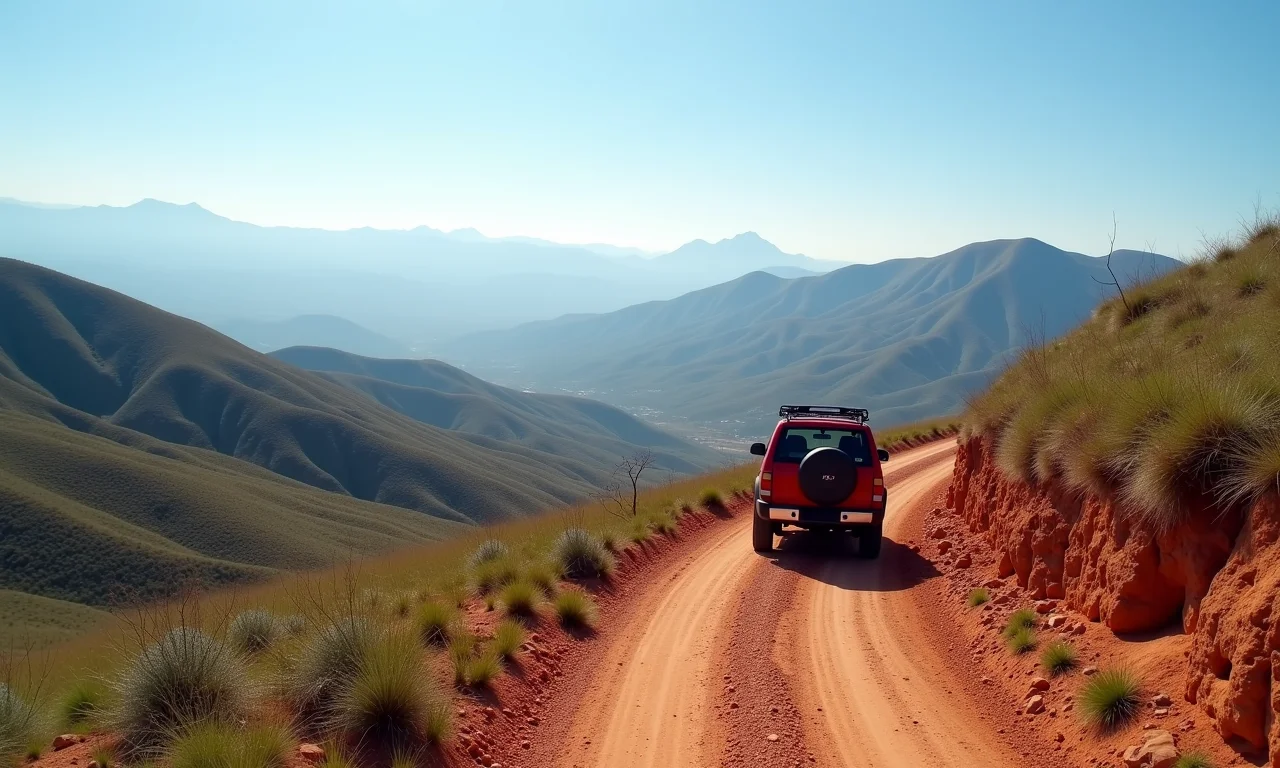 Vista panorâmica das Sierras de Minas com veículo 4x4.