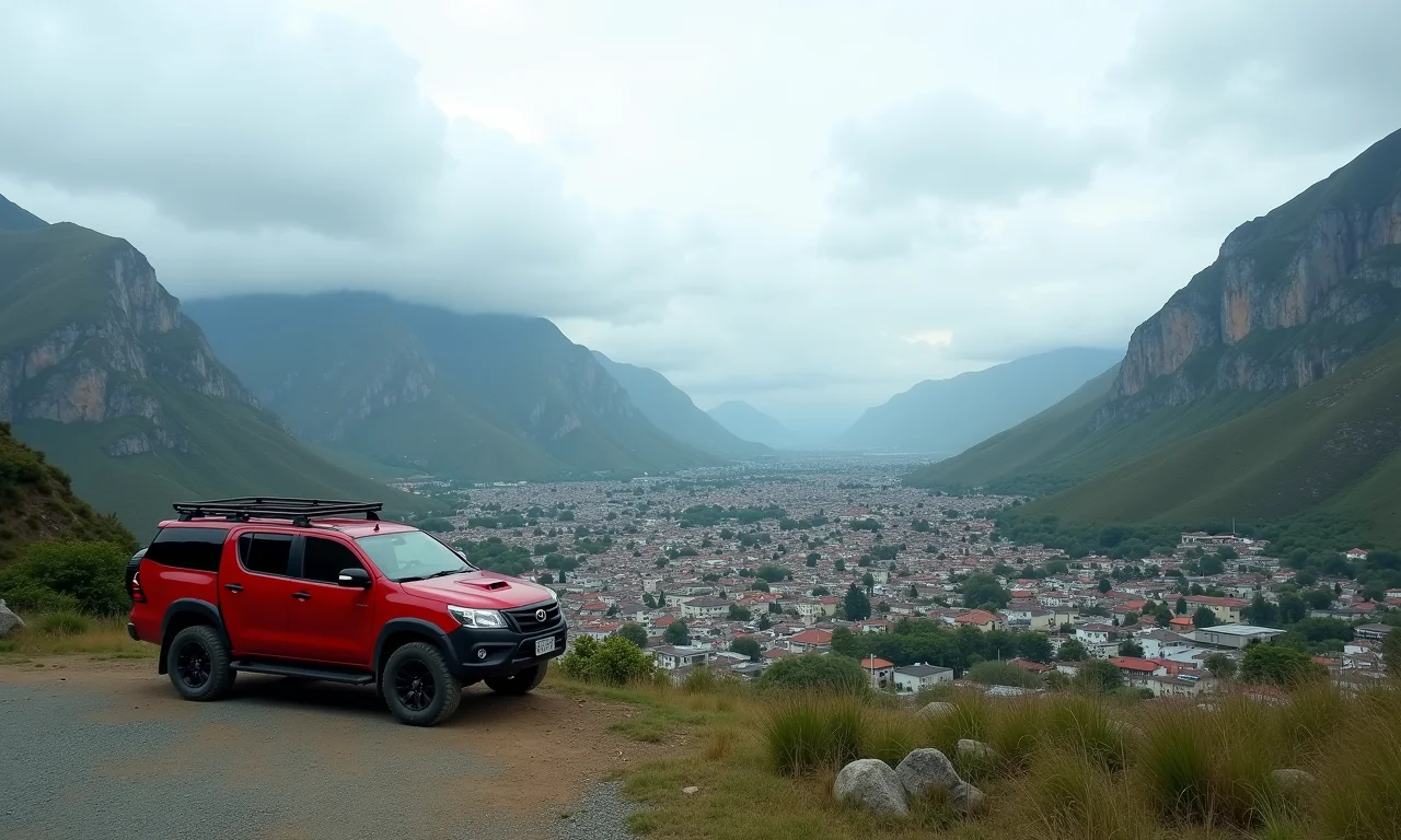 Vista panorâmica de Chaitén com veículo 4x4 estacionado.