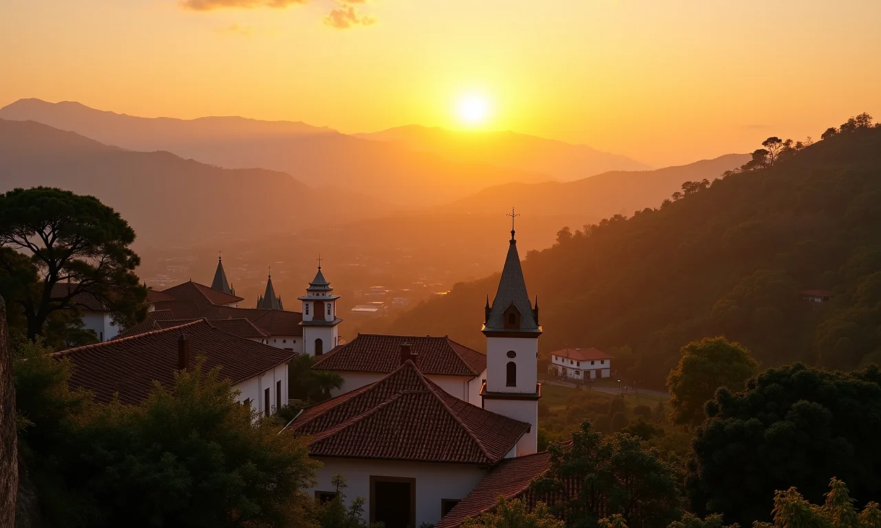 Vista panorâmica de São Roque de Minas ao entardecer. Colinas e arquitetura charmosa sob a luz dourada.