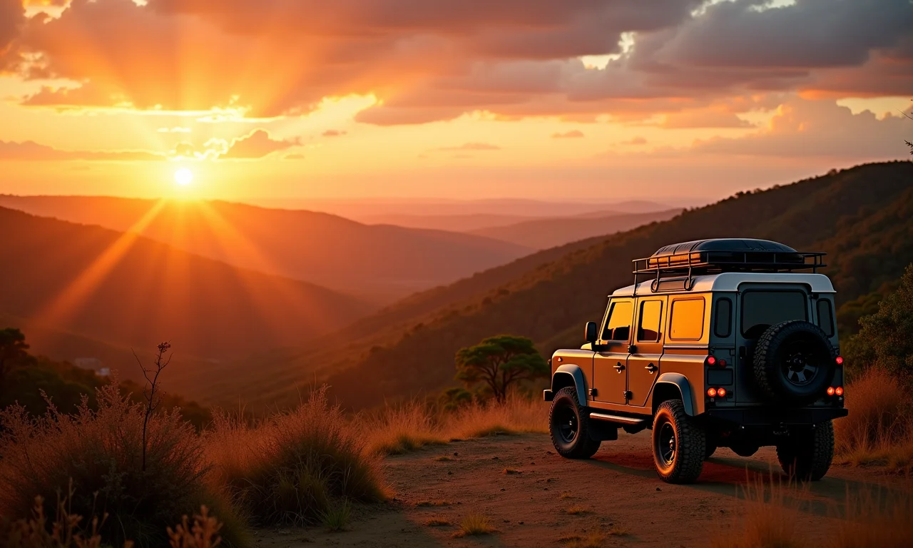 Vista panorâmica de um jipe 4x4 com paisagem deslumbrante de Itu ao fundo.